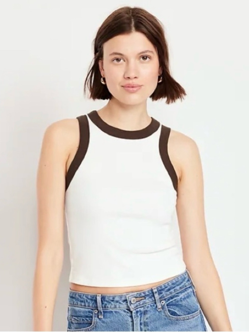 Old Navy Women’s Cream Tank Top Brown Trim NWT